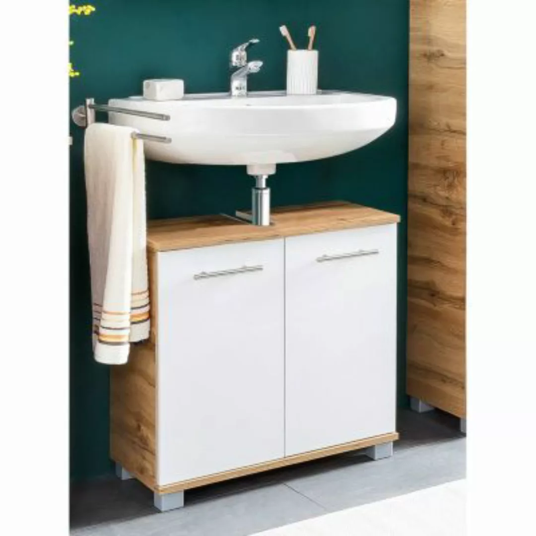 Lomadox Badezimmer Waschtischunterschrank NITRA-80 in Kreideweiß mit Eiche günstig online kaufen