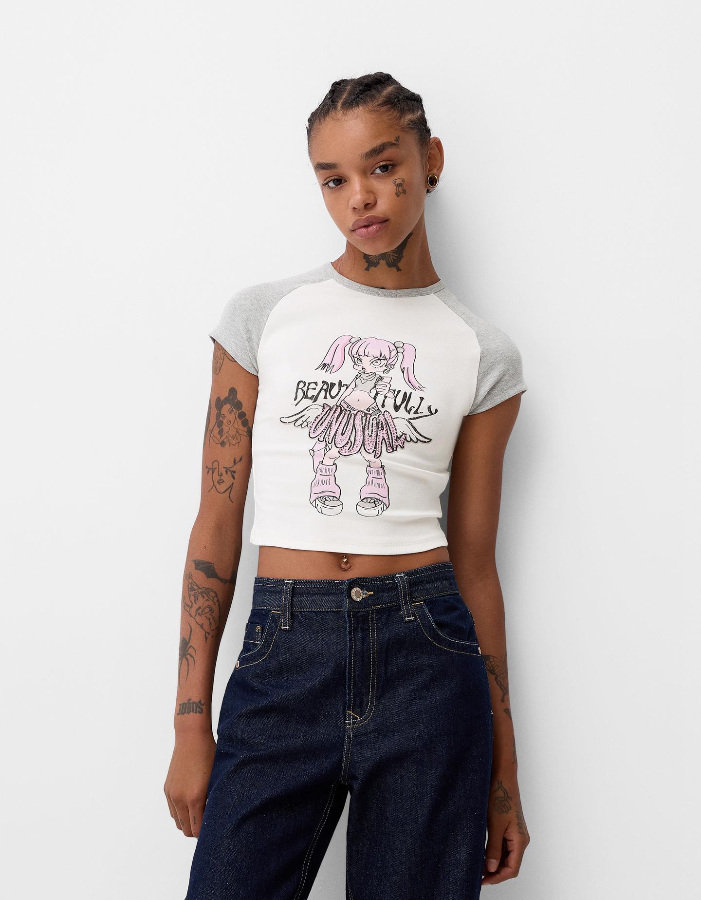 Bershka T-Shirt Mit Kurzen Ärmeln Im Raglanärmel-Stil Und Print Damen S Grb günstig online kaufen