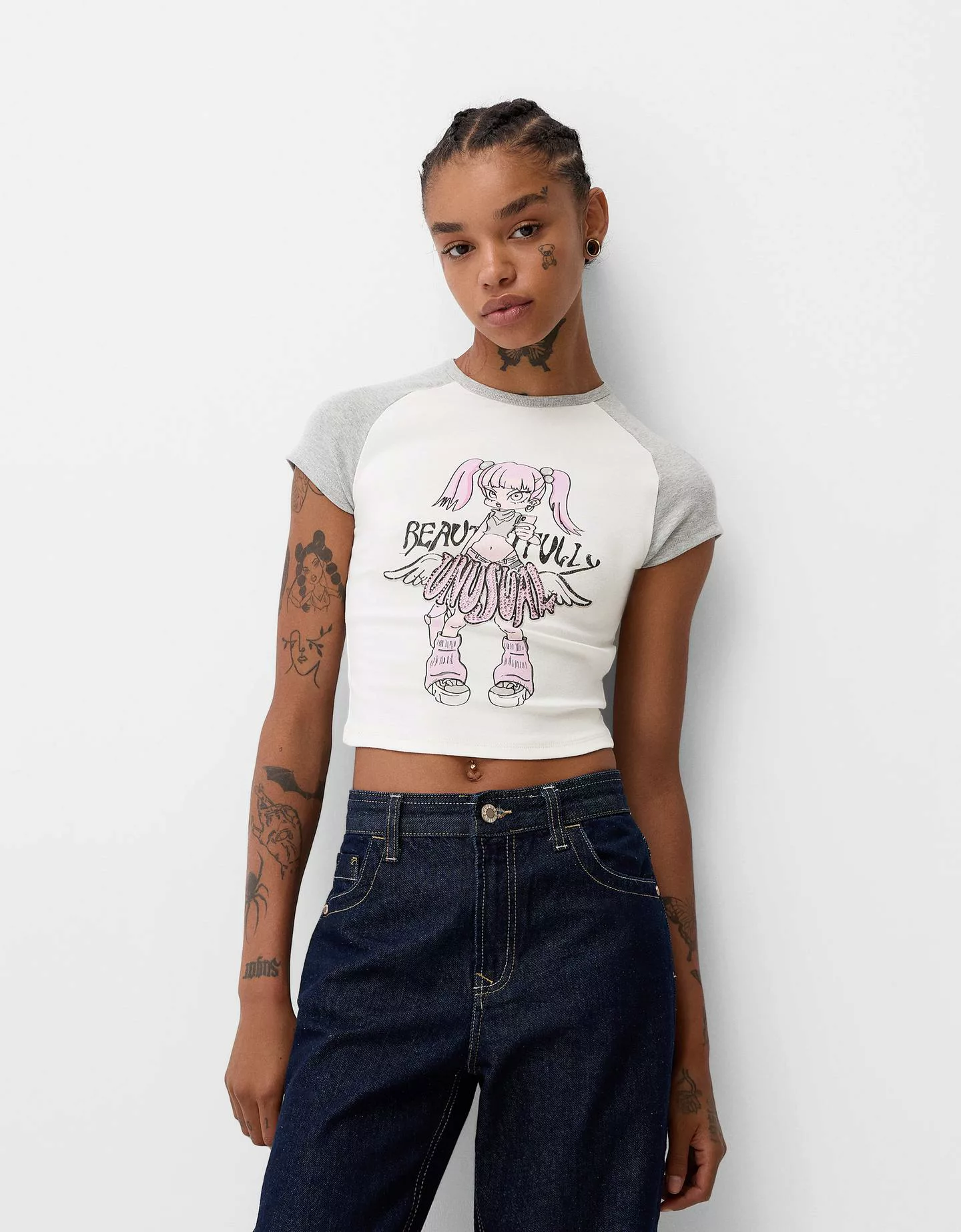 Bershka T-Shirt Mit Kurzen Ärmeln Im Raglanärmel-Stil Und Print Damen Xs Gr günstig online kaufen