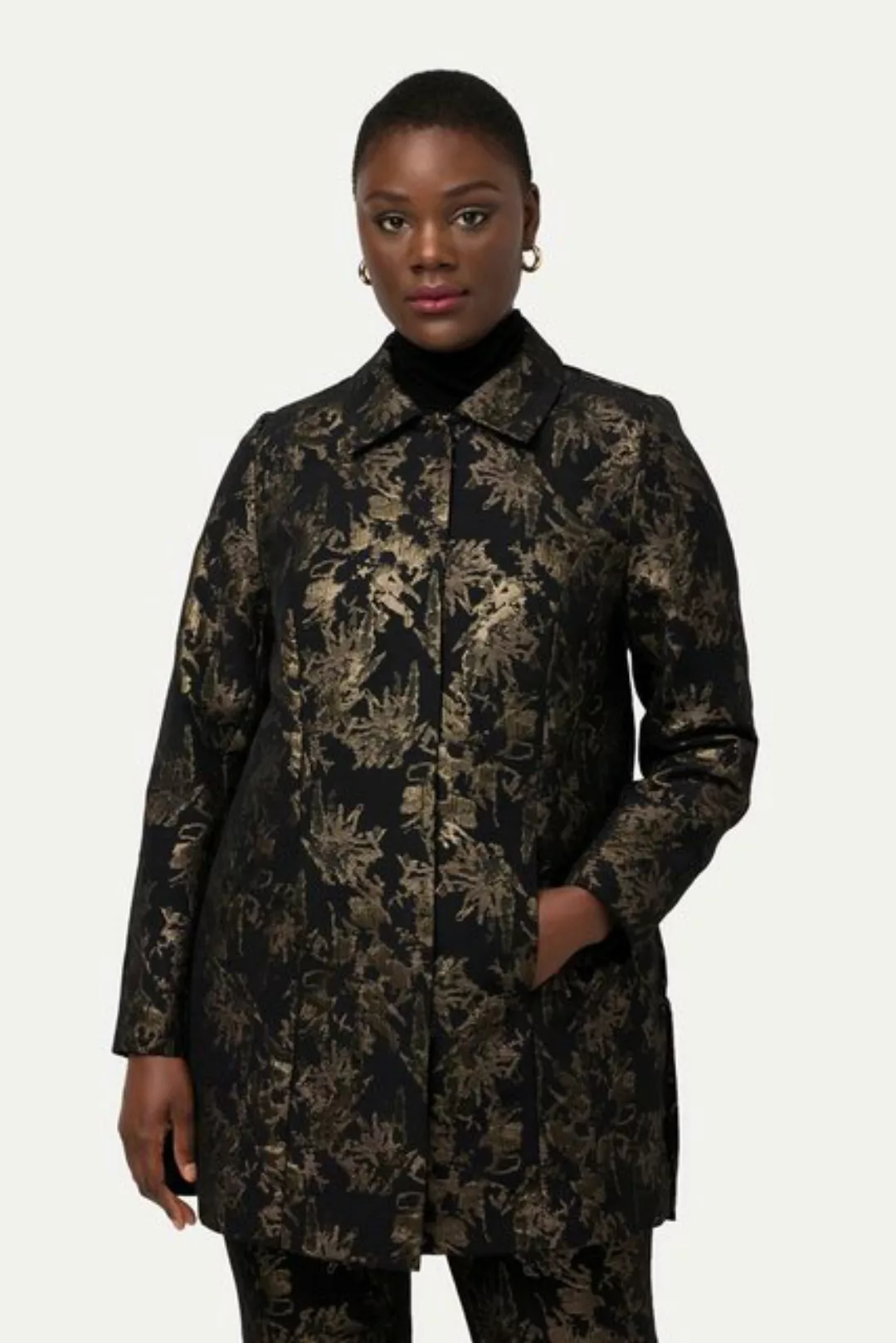 Ulla Popken Kurzjacke Jacquard-Jacke Gold-Design Hemdkragen Langarm günstig online kaufen