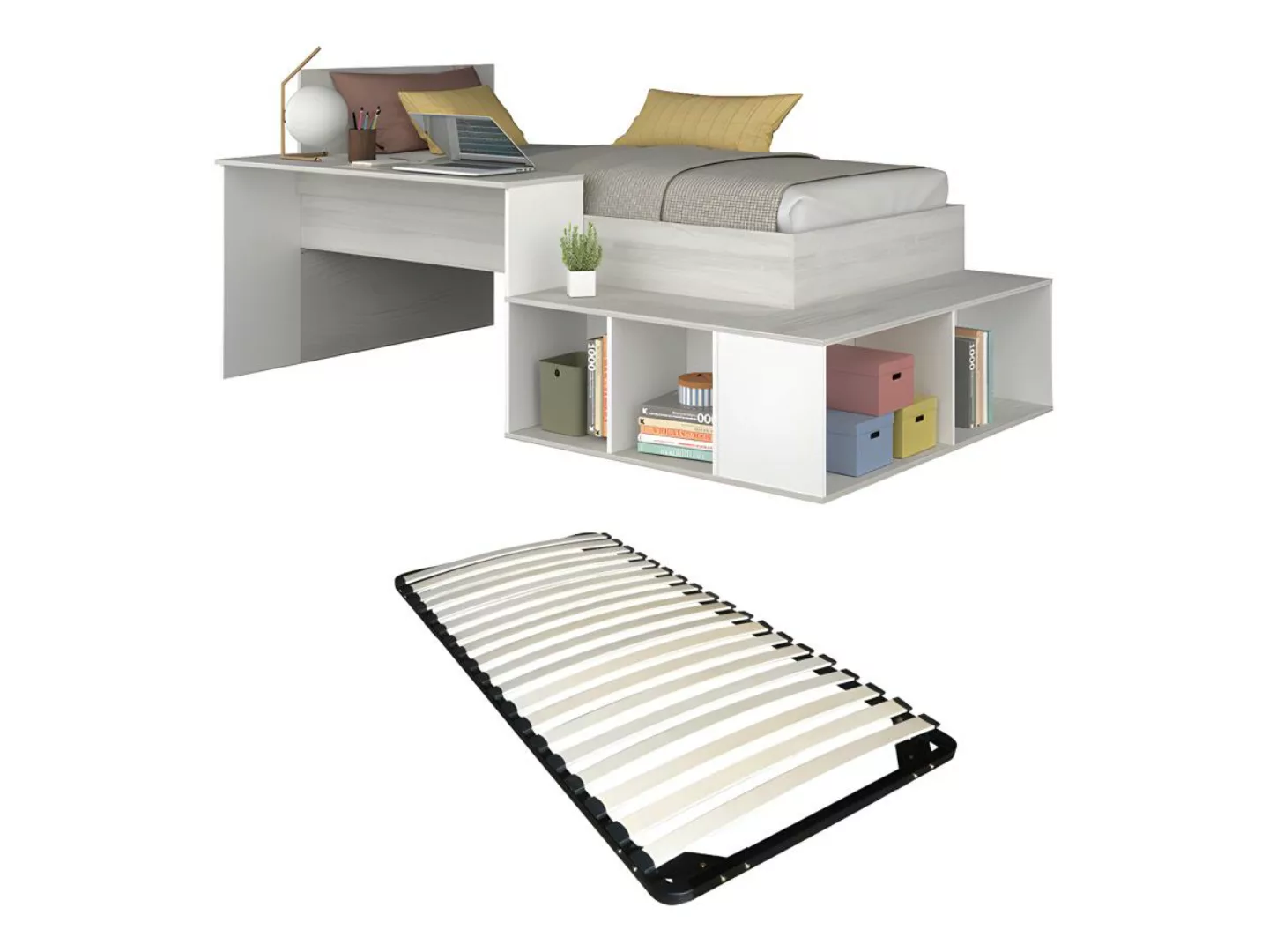 Kombi-Bett 90 x 200 cm mit Stauraum & Schreibtisch + Lattenrost - Holzfarbe günstig online kaufen