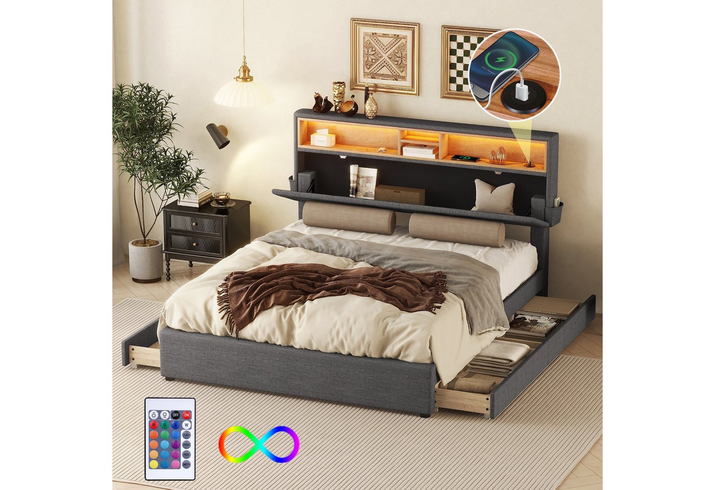 TavilaEcon Polsterbett Jugendbett Doppelbett mit aufladen USB und LED-Beleu günstig online kaufen