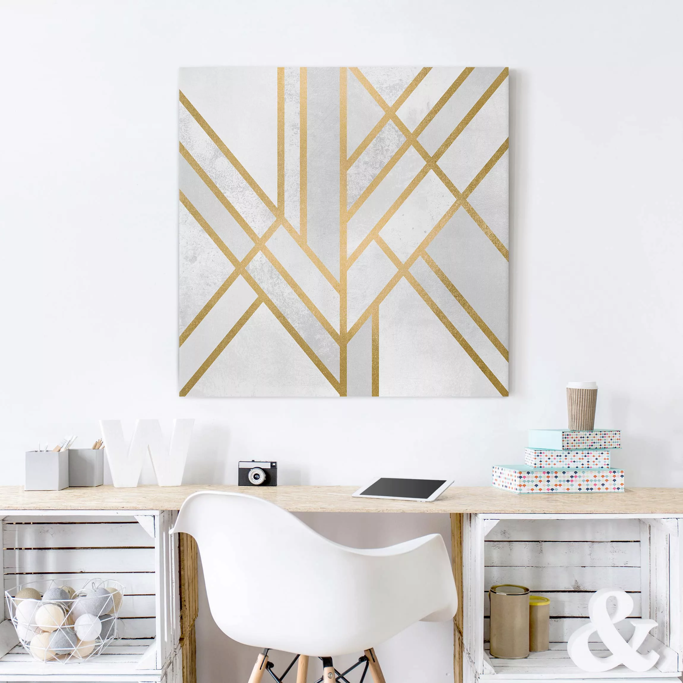 Leinwandbild Abstrakt - Quadrat Art Deco Geometrie Weiß Gold günstig online kaufen