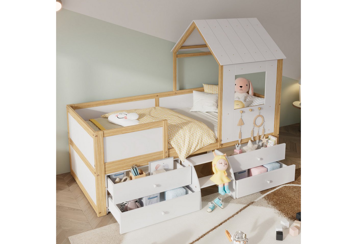 TavilaEcon Kinderbett Hausbett Holzbett halbhohes Bett mit Dach und Fenster günstig online kaufen