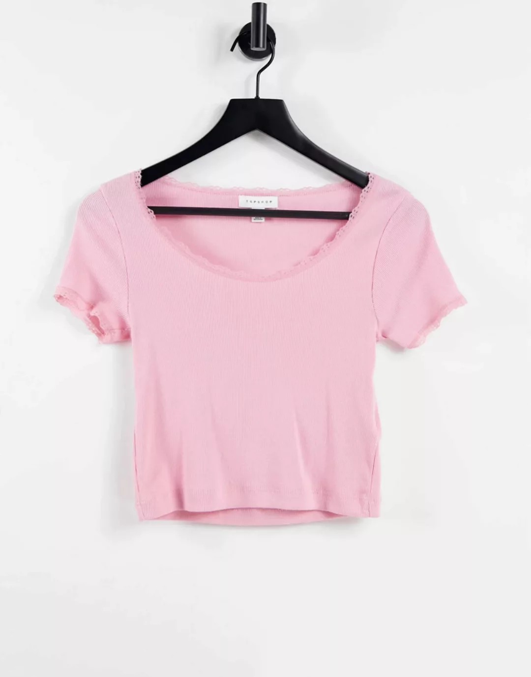 Topshop – T-Shirt in Rosa mit Spitzenbordüre und U-Ausschnitt günstig online kaufen