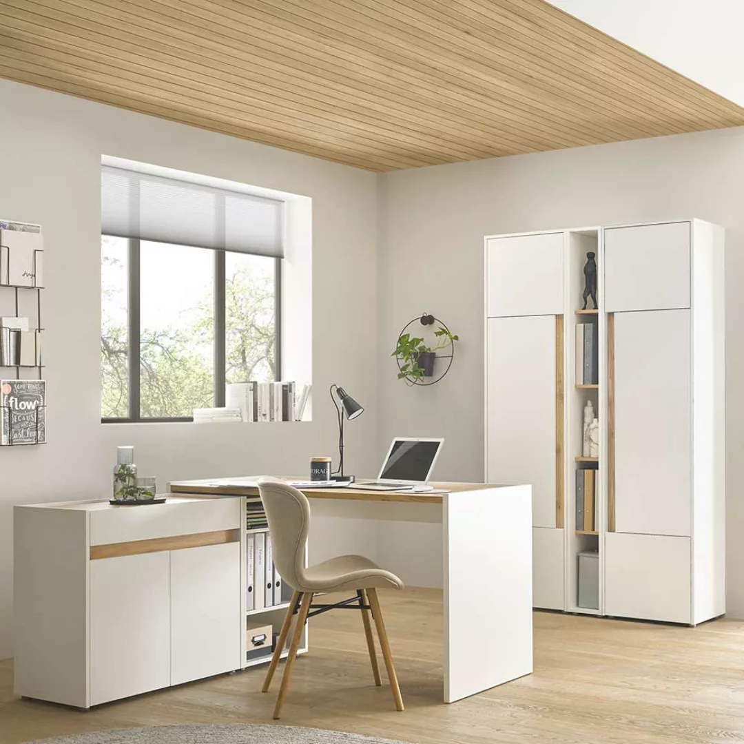 Büroausstattung Möbel Set in Weiß Wildeichefarben (sechsteilig) günstig online kaufen