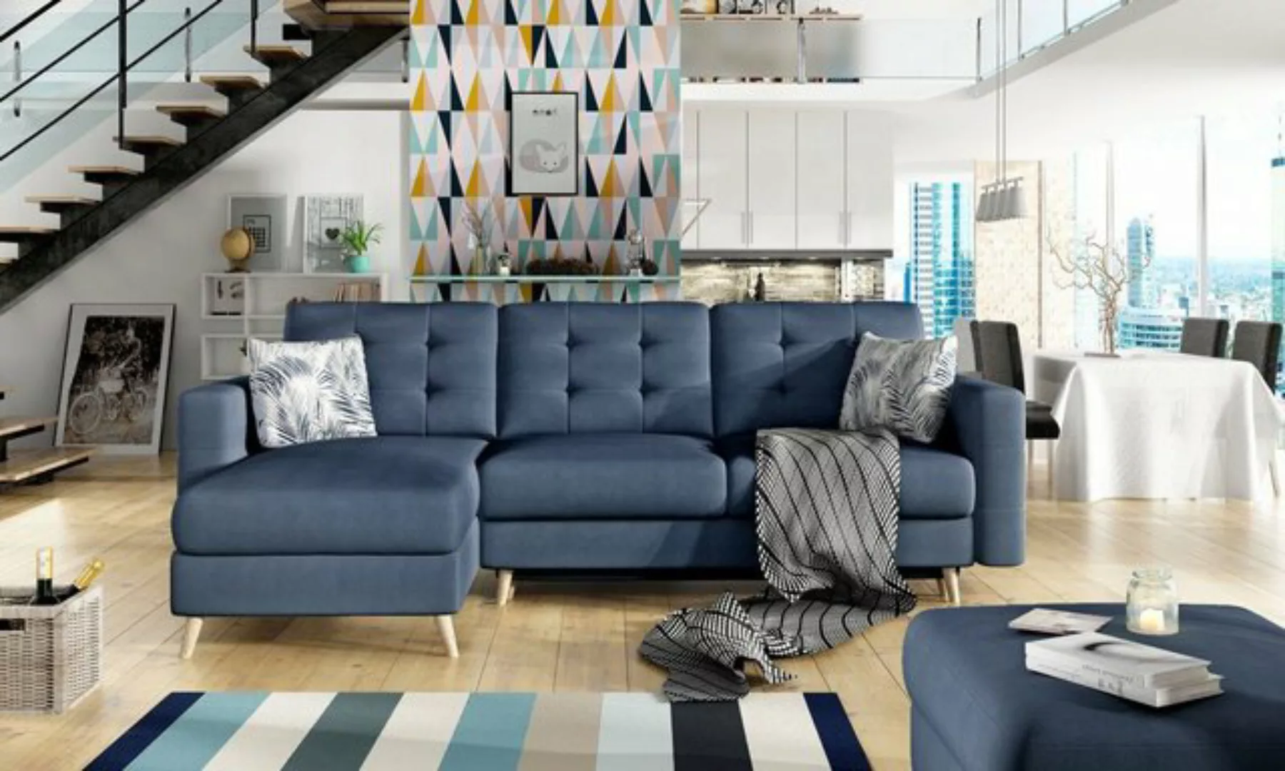 JVmoebel Ecksofa Design Blaues Ecksofa Schlafsofa mit Bettfunktion Polsterm günstig online kaufen