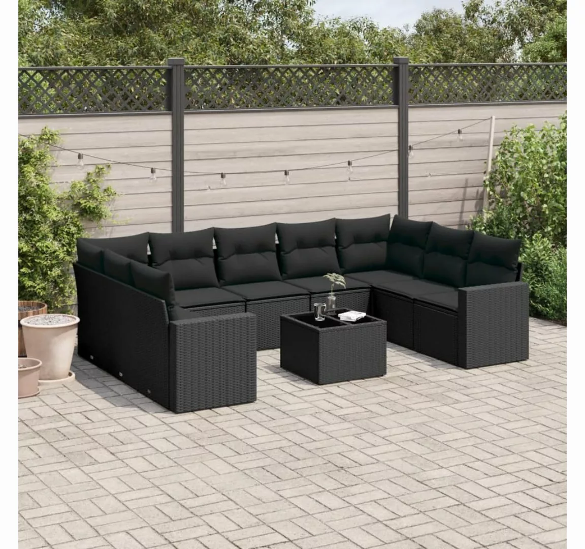 vidaXL Loungesofa 10-tlg. Garten-Sofagarnitur mit Kissen Schwarz Poly Ratta günstig online kaufen