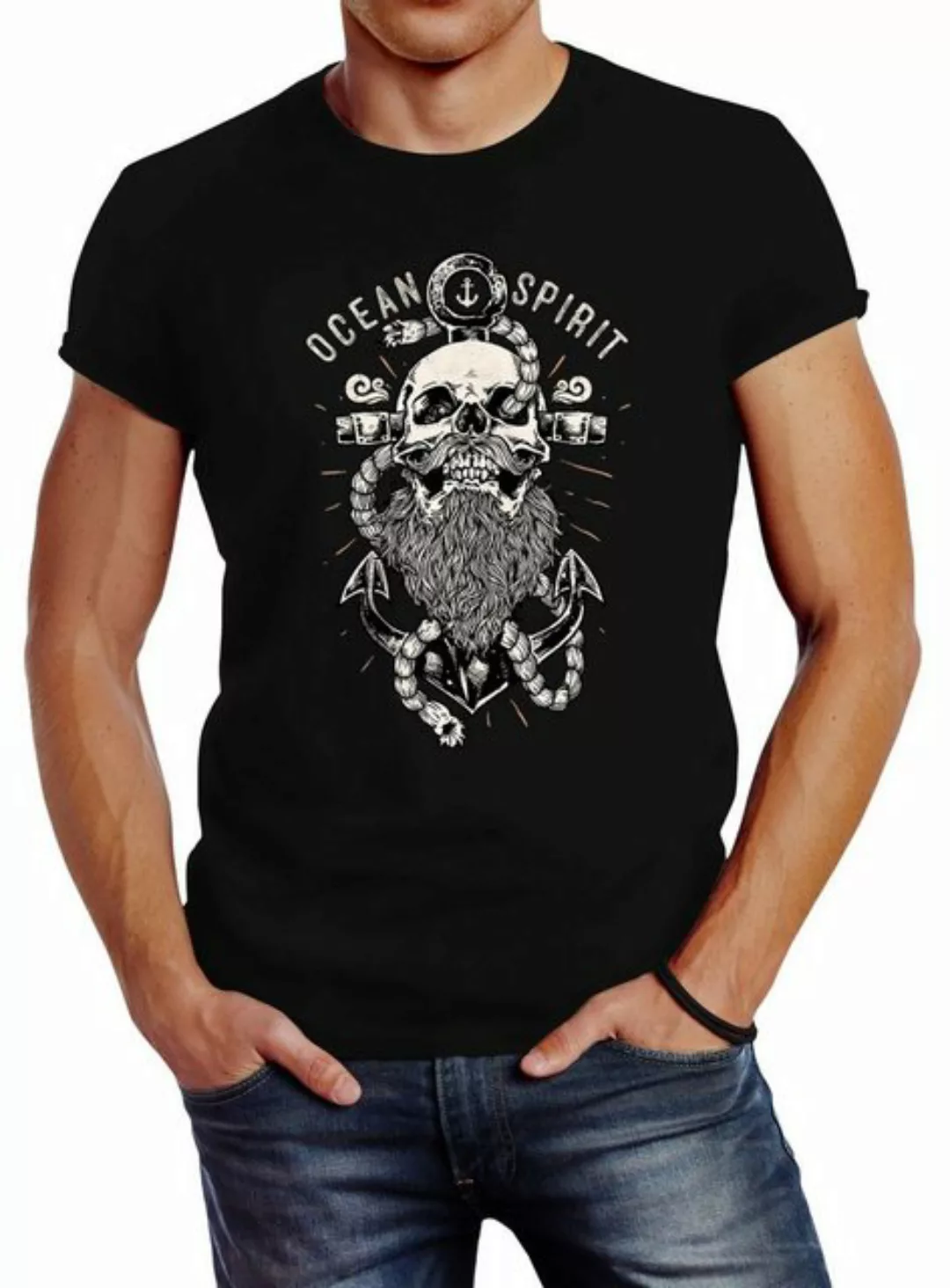 Neverless Print-Shirt Herren T-Shirt Skull Captain Anker Totenkopf Bart Kap günstig online kaufen