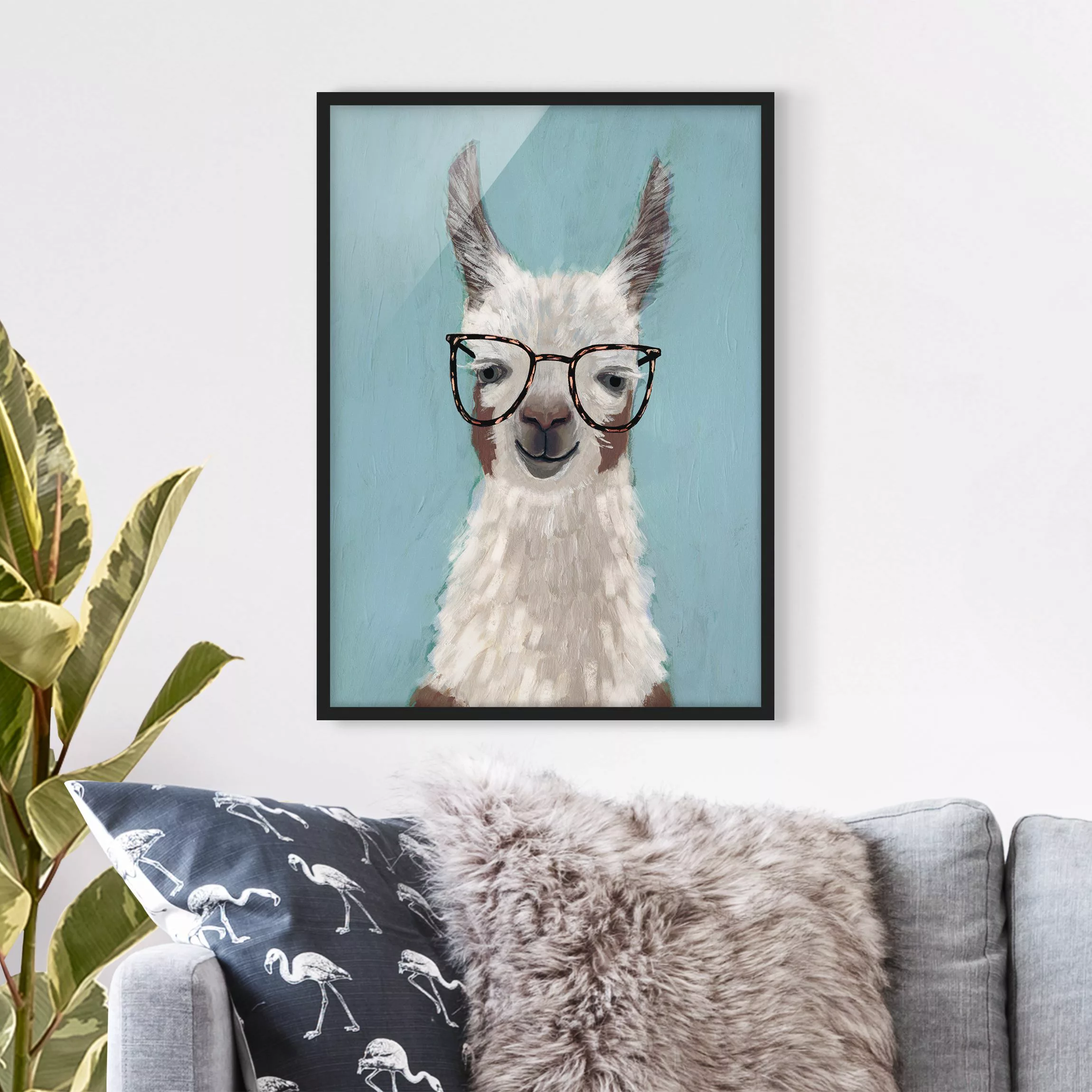 Bild mit Rahmen Kinderzimmer - Hochformat Lama mit Brille II günstig online kaufen