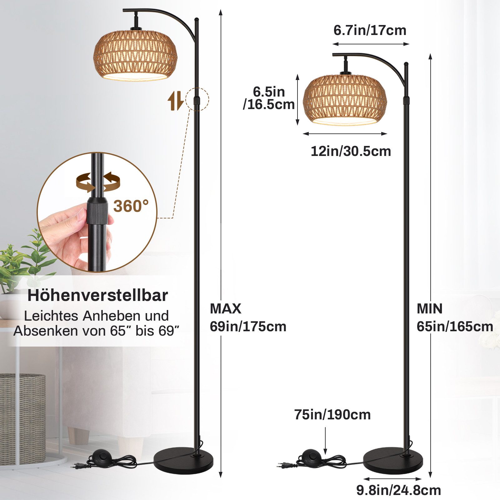 MUPOO Stehlampe LED Stehlampe,Bettlampe Dimmable,Rattan Boho günstig online kaufen