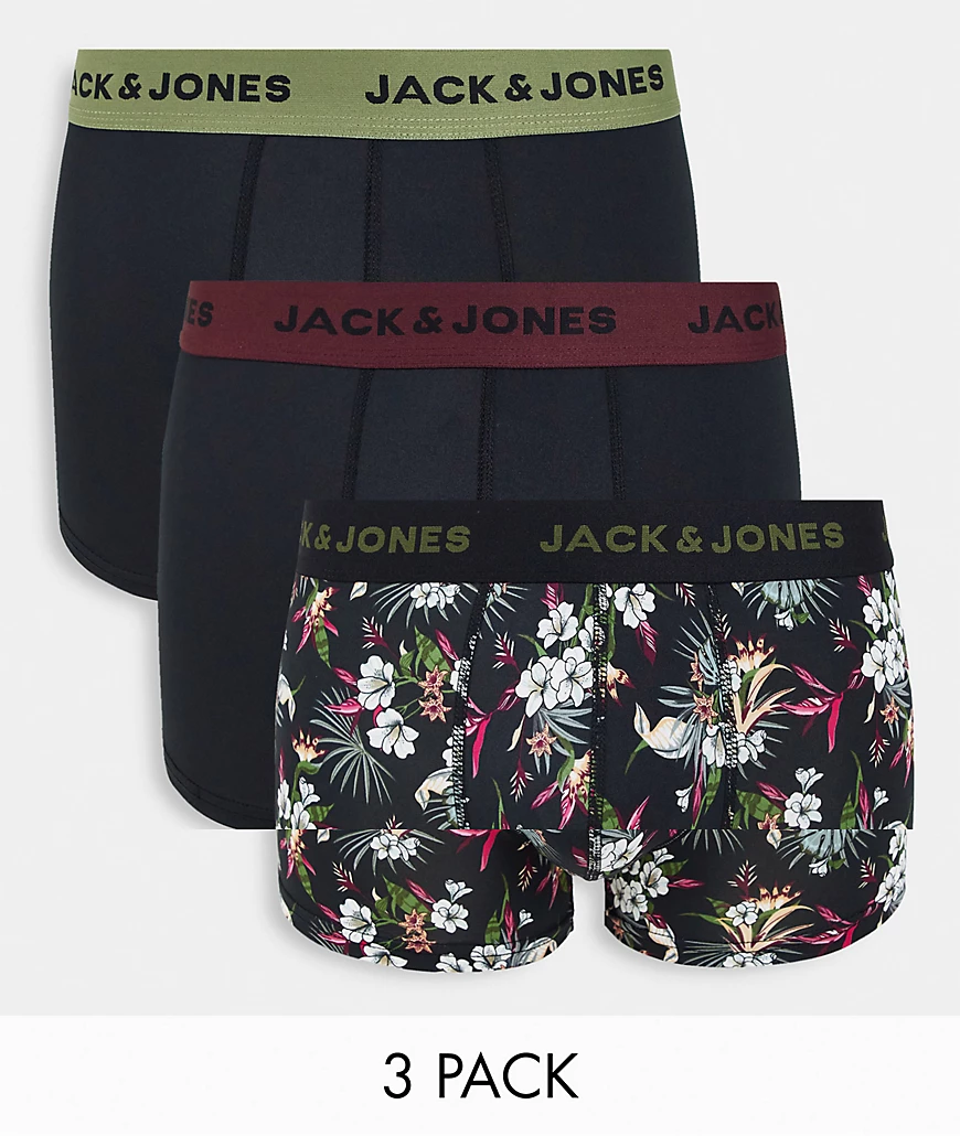 Jack & Jones – 3er-Pack Unterhosen aus Mikrofaser in Schwarz und mit Blumen günstig online kaufen