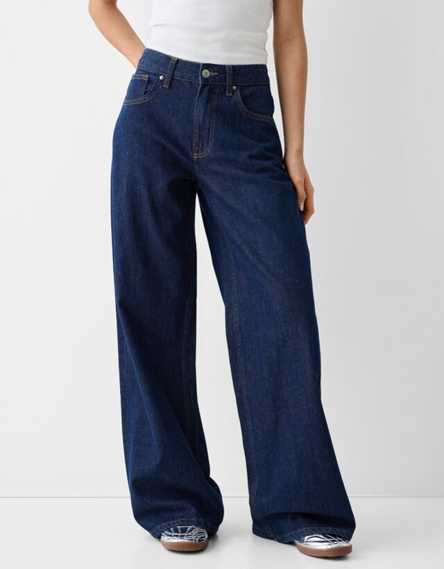 Bershka Wide-Leg-Jeans Damen 34 Marinenblau günstig online kaufen