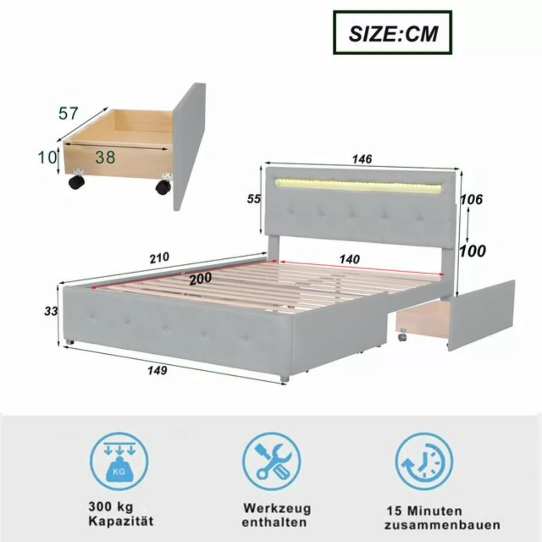 HAUSS SPLOE Polsterbett 140 x 200 cm mit LED, 4 Schubladen, Leinen, grau (o günstig online kaufen