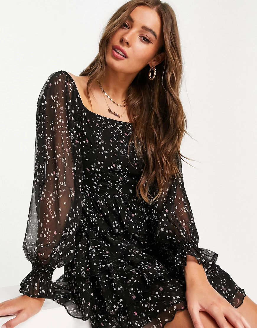 Miss Selfridge – Rara – Minikleid aus Chiffon mit Sternenmuster-Schwarz günstig online kaufen