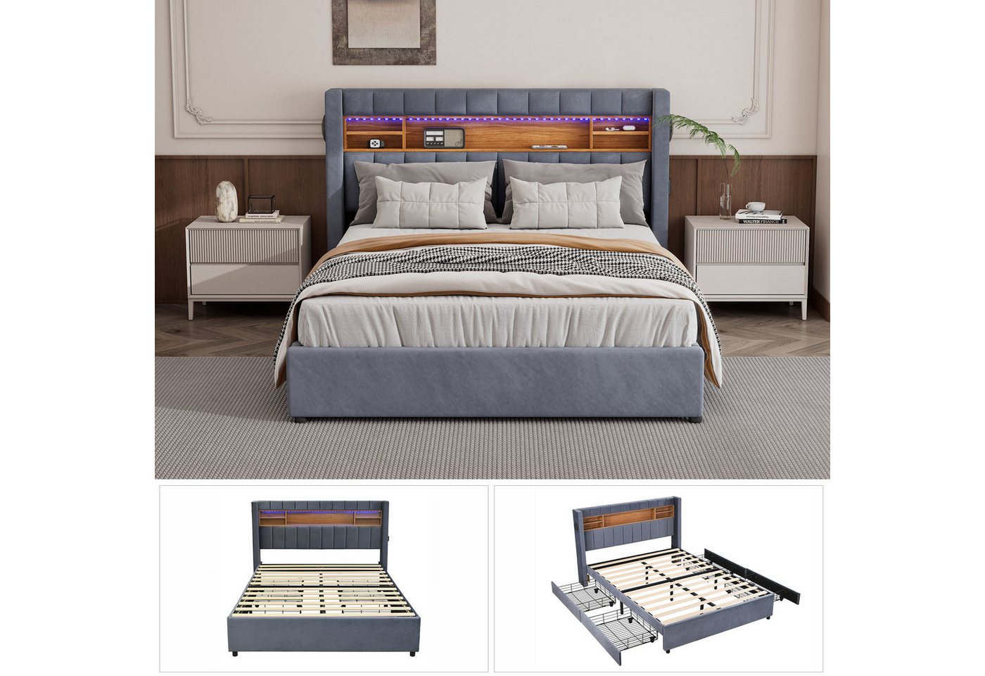 DOPWii Bett 140x200cm Doppelbett mit 4 Schubladen,16-farbiger LED-Leiste, B günstig online kaufen