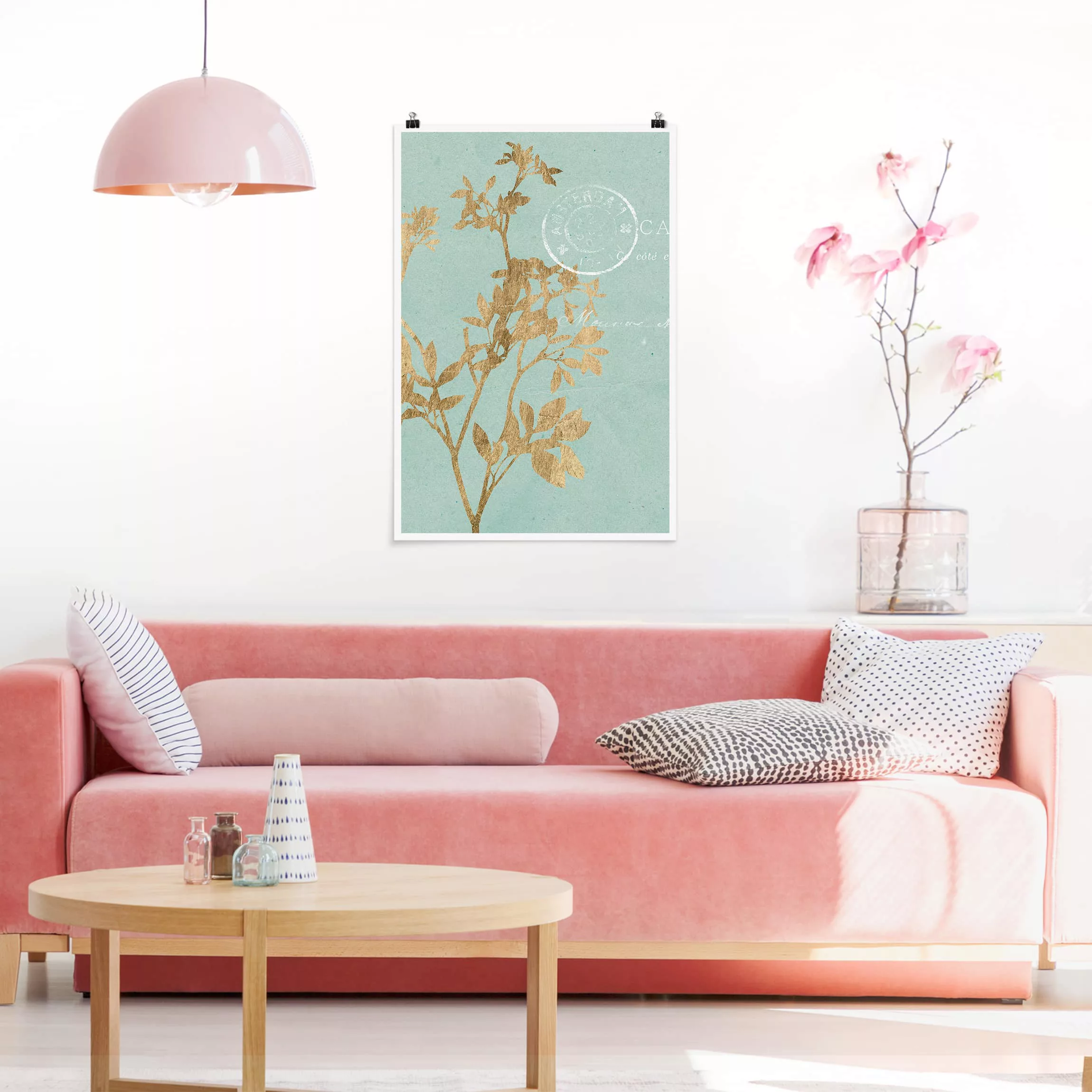 Poster Blumen - Hochformat Goldene Blätter auf Turquoise I günstig online kaufen