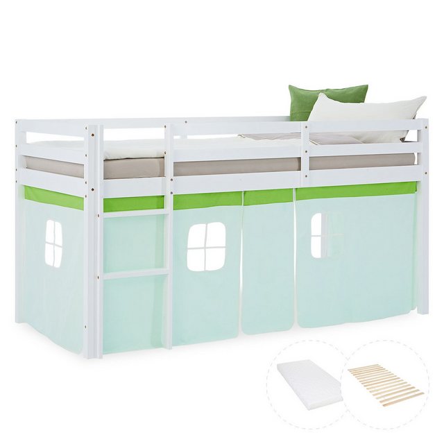 Homestyle4u Hochbett 90x200 Kinderbett Weiß Vorhang Grün Mint 1 Kind Kiefer günstig online kaufen