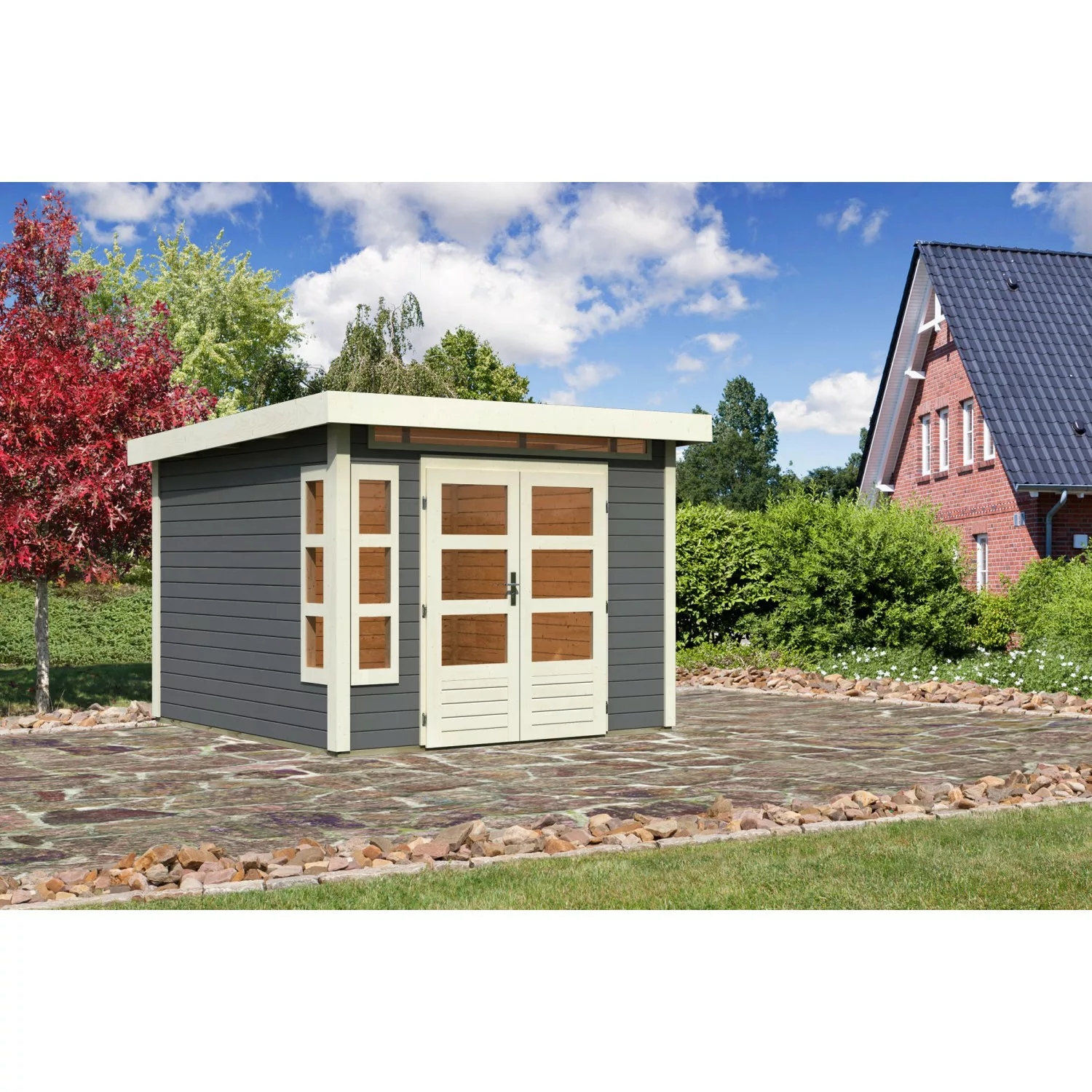 Karibu Holz-Gartenhaus Kastberg Terragrau Flachdach Lackiert 270 cm x 270 c günstig online kaufen