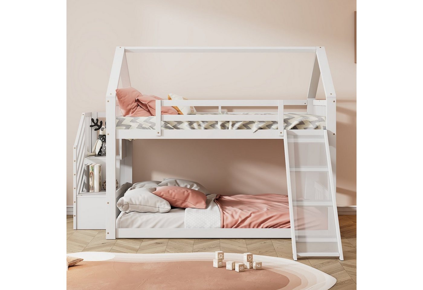 Flieks Etagenbett, Kinderbett mit Treppe & Rutsche & oberem Lattenrost 140x günstig online kaufen