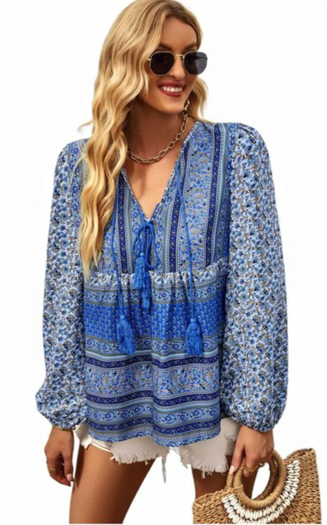 ZWY Druckbluse Damen Hemd mit V-Ausschnitt, bedrucktes lässiges Langarmhemd günstig online kaufen