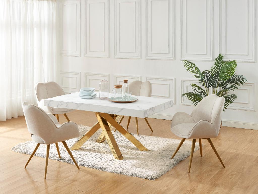 Esstisch ausziehbar - 6 bis 10 Personen - MDF & Metall - Marmor-Optik Weiß günstig online kaufen