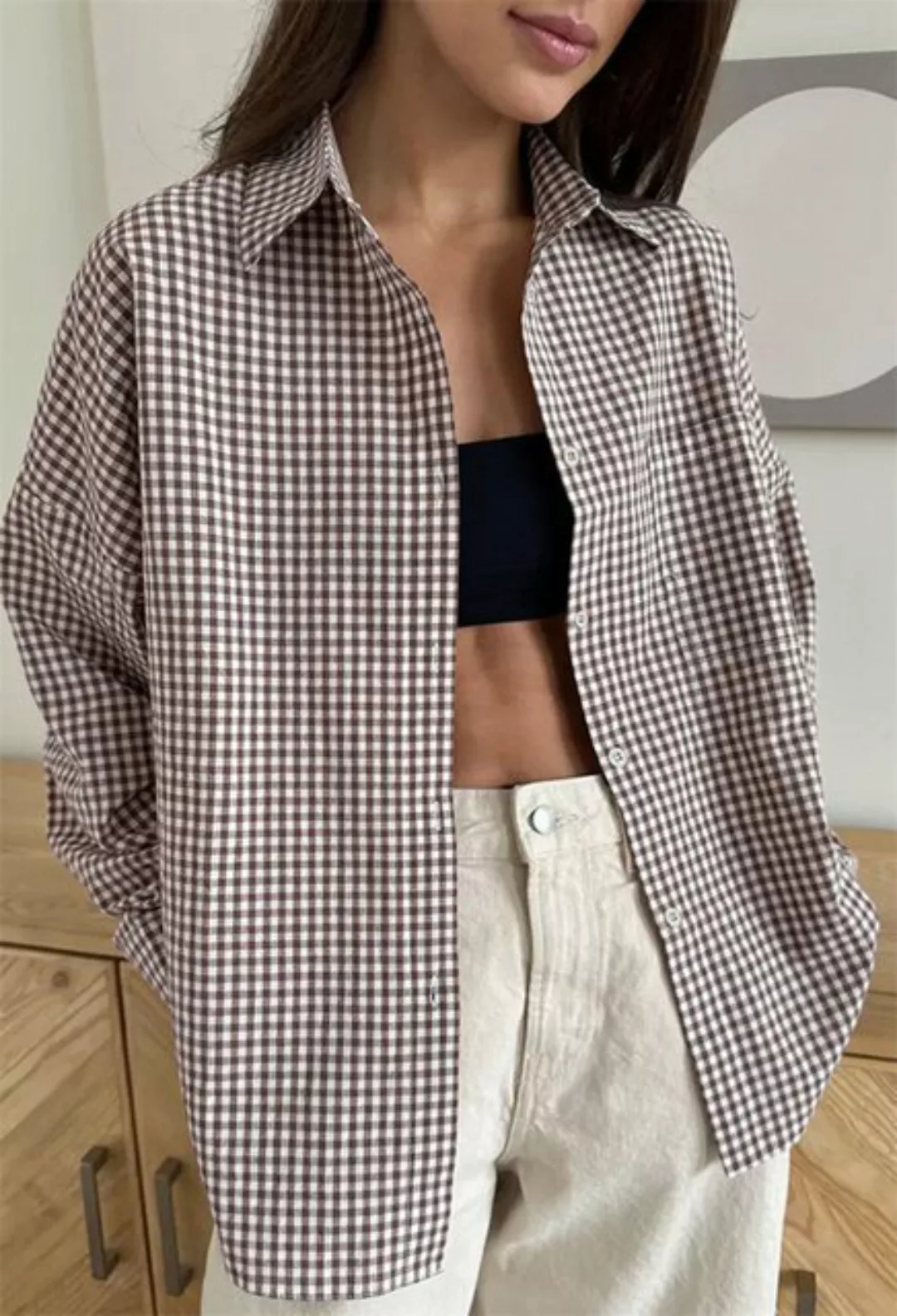 TOTOIN Langarmhemd Plaid einfach locker Mode vielseitig Damen Shirt Nische günstig online kaufen