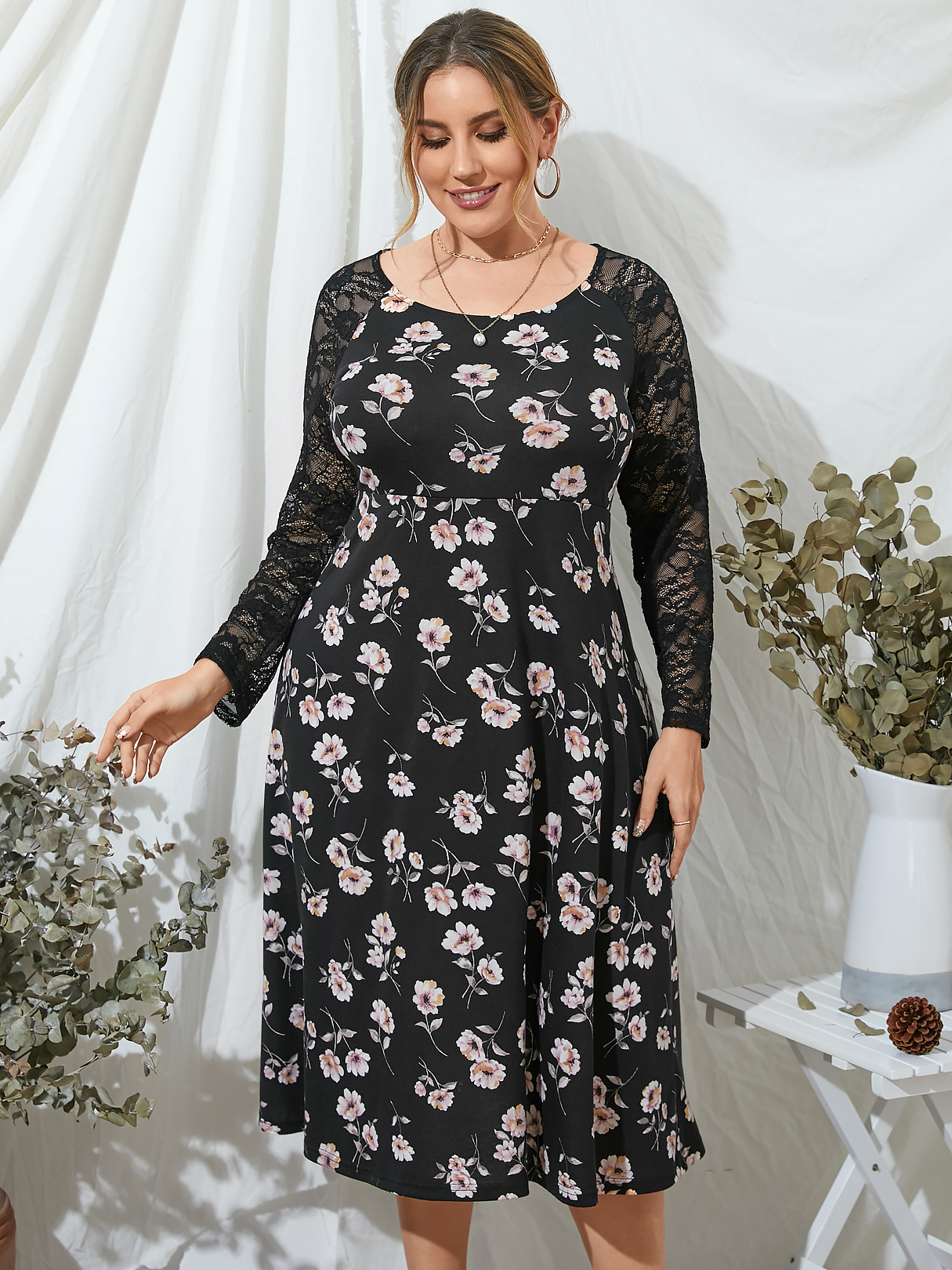 YOINS Plus Größe Rundhals Blumendruck Strick Lange Ärmel Midi Kleid günstig online kaufen