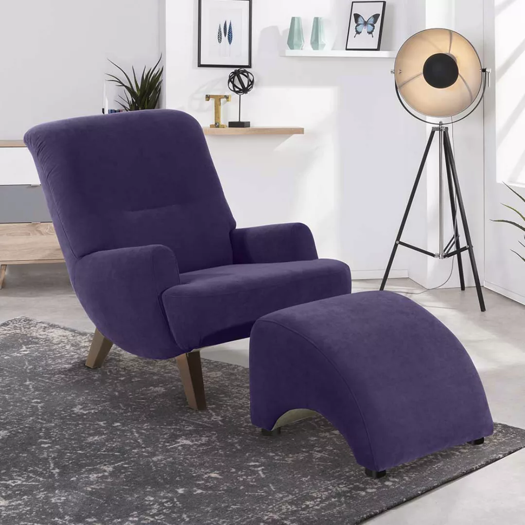 Hochwertiger Sessel in Violett Velours Vierfußgestell aus Holz günstig online kaufen