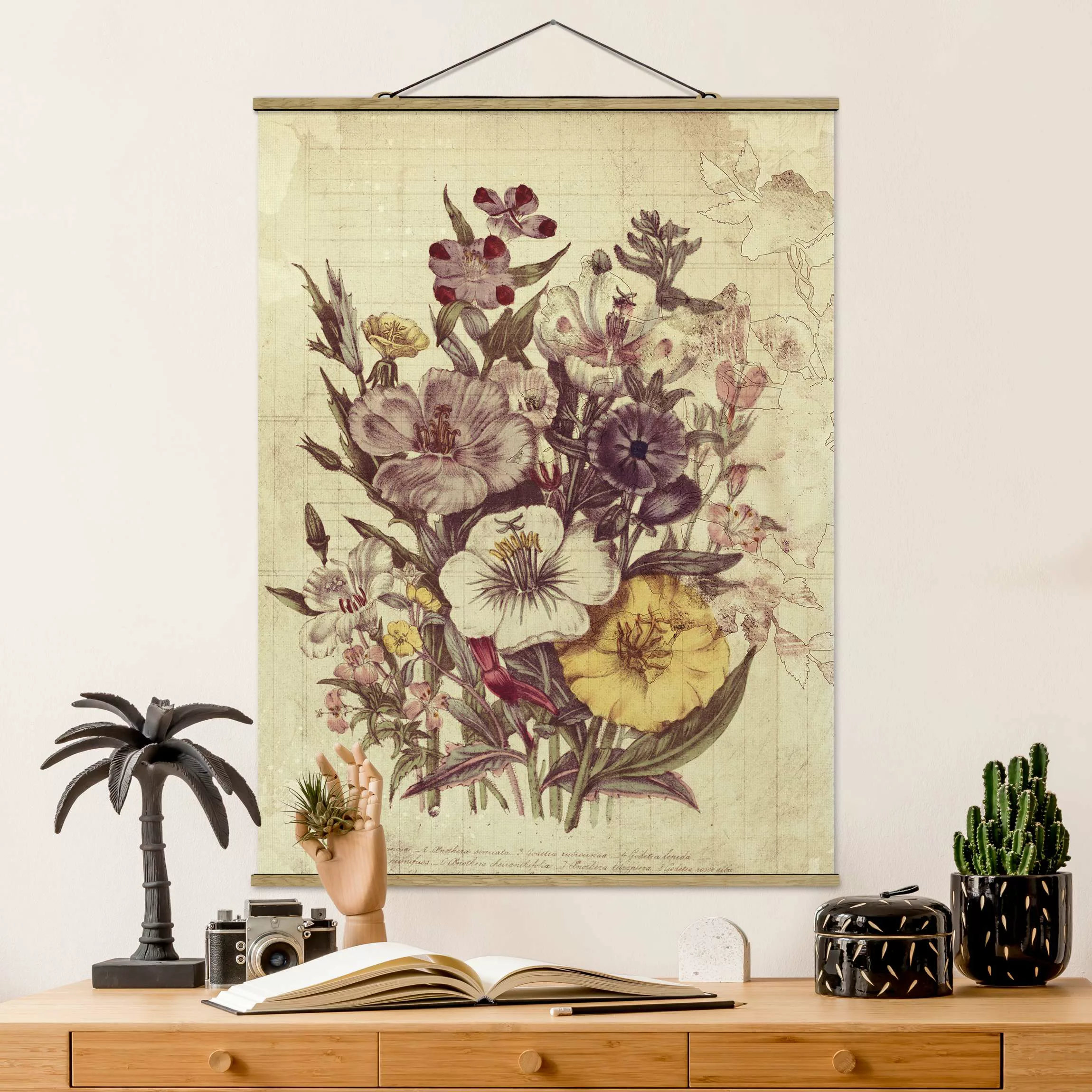 Stoffbild Blumen mit Posterleisten - Hochformat Vintage Letter Blumenstraus günstig online kaufen