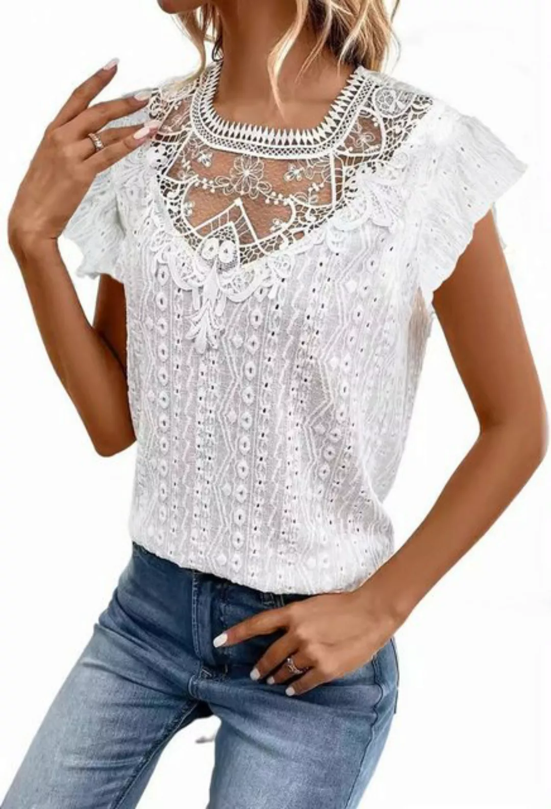 CHENIN Kurzarmhemd Spitzenhemd Damen Sommer Elegantes Spitzen T-Shirt Locke günstig online kaufen