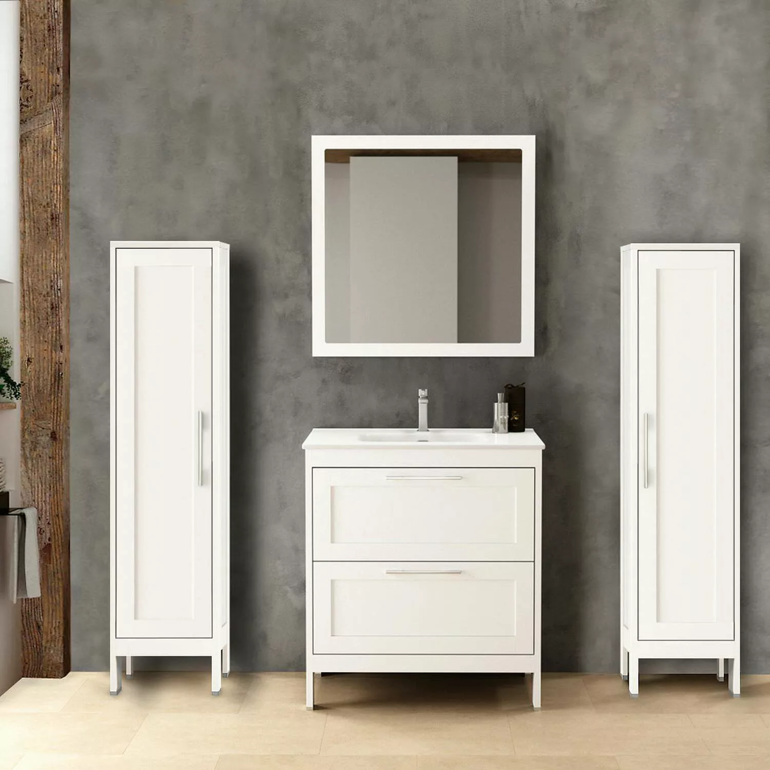 Badezimmermöbel Set mit 2 Hochschränken & Spiegel TARIFA-110 matt weiß Land günstig online kaufen
