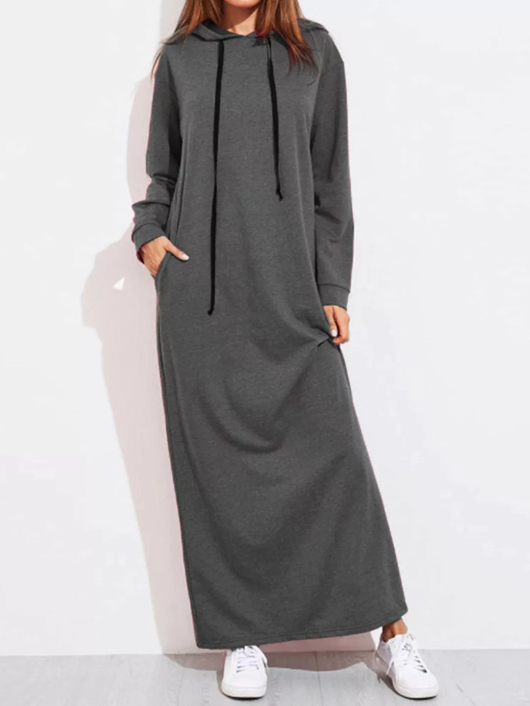 Einfarbig Langarm Casual Maxi Kleid mit Kapuze günstig online kaufen