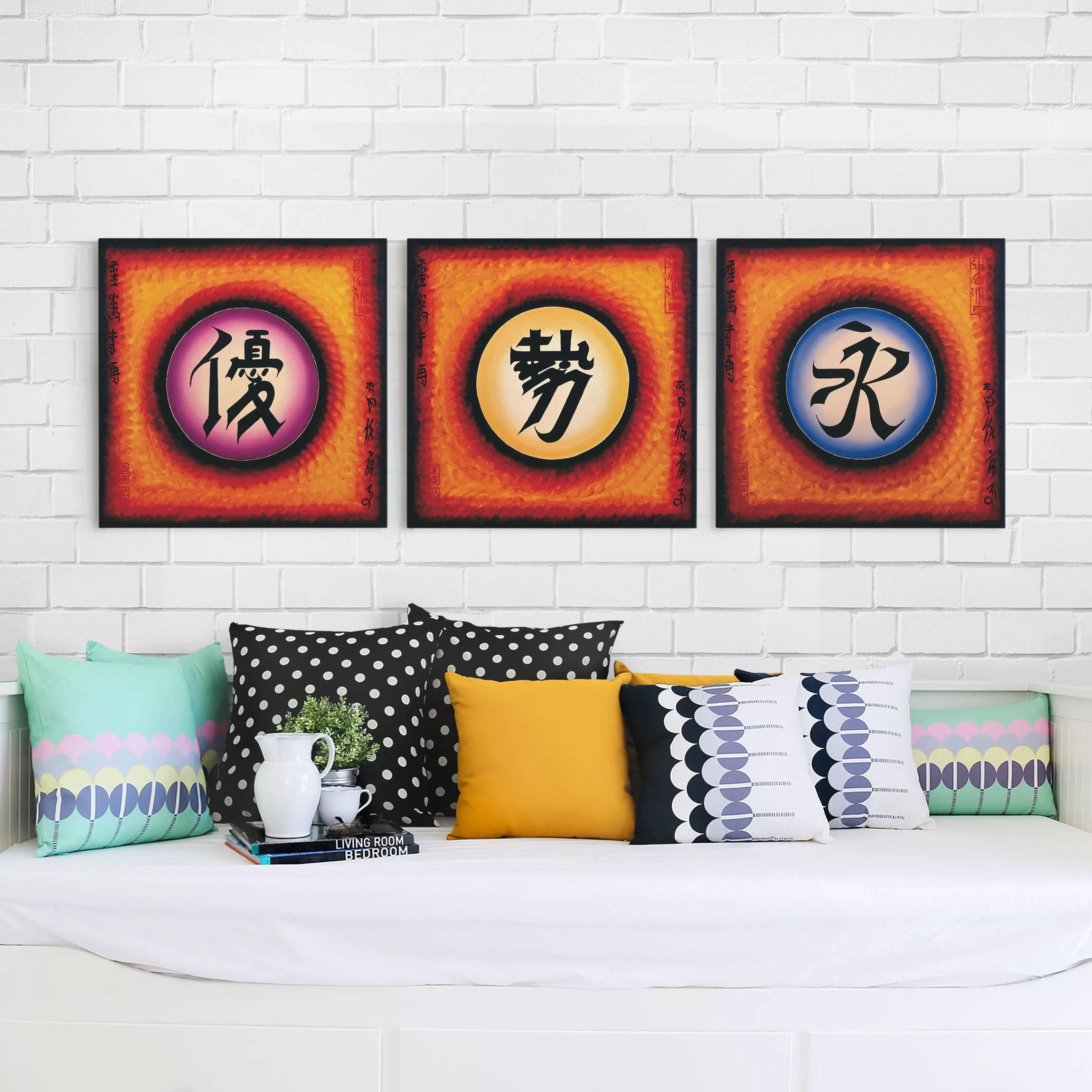 3-teiliges Leinwandbild Spruch - Quadrat Chinese Signs Trio günstig online kaufen