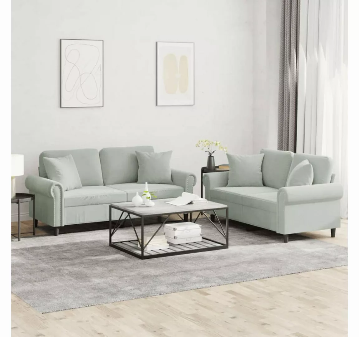 vidaXL Sofa Sofagarnitur Set mit Kissen Samt, 2-tlg., Hellgrau günstig online kaufen