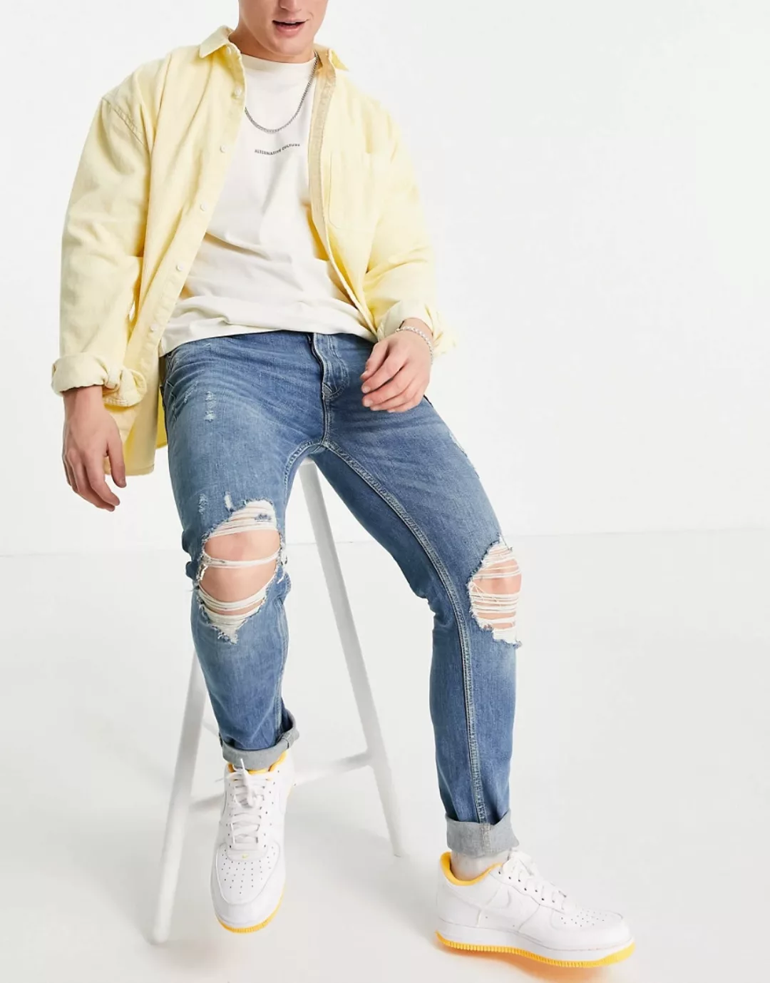 Topman – Stretch-Jeans aus Bio-Baumwollmix mit engem Schnitt und Rissen in günstig online kaufen