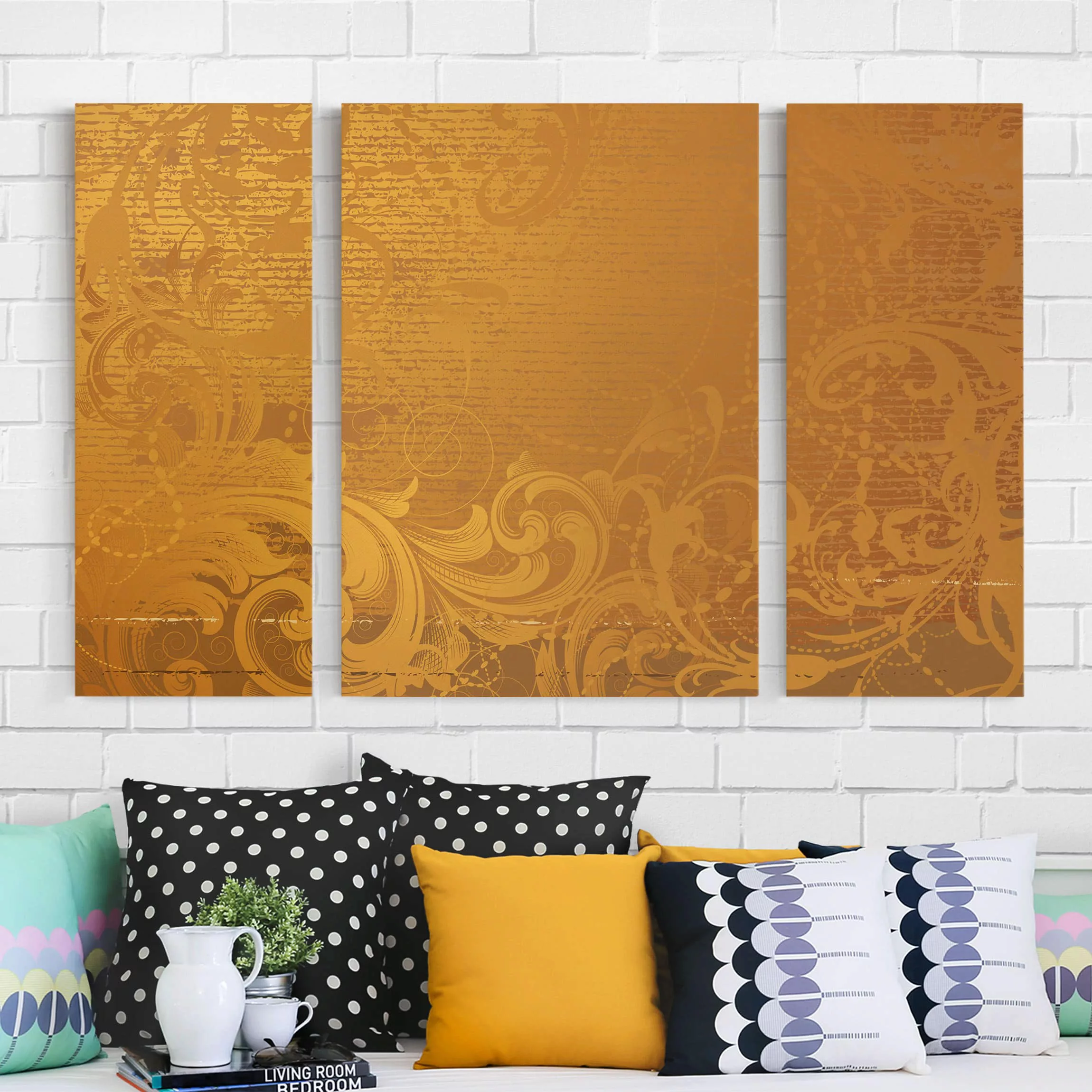 3-teiliges Leinwandbild Muster - Querformat Goldener Barock günstig online kaufen