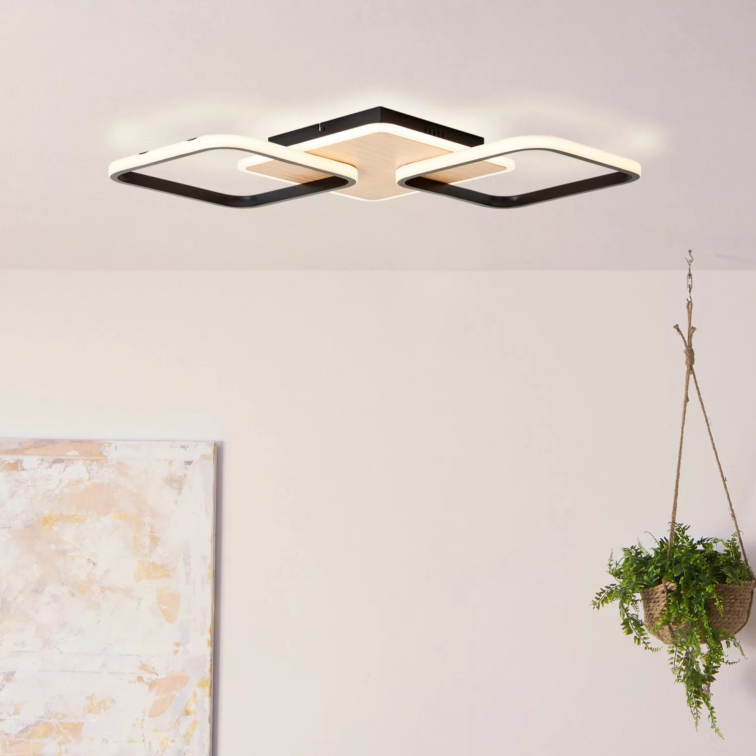 Brilliant LED-Deckenleuchte Dennet 62 cm x 62 cm 2-flammig Schwarz und Holz günstig online kaufen
