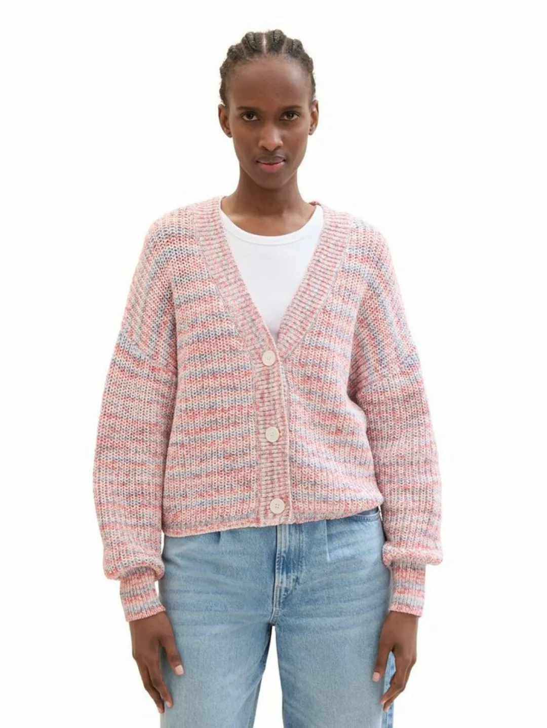 TOM TAILOR Denim Strickjacke in Multicolor und mit tiefem V-Ausschnitt günstig online kaufen