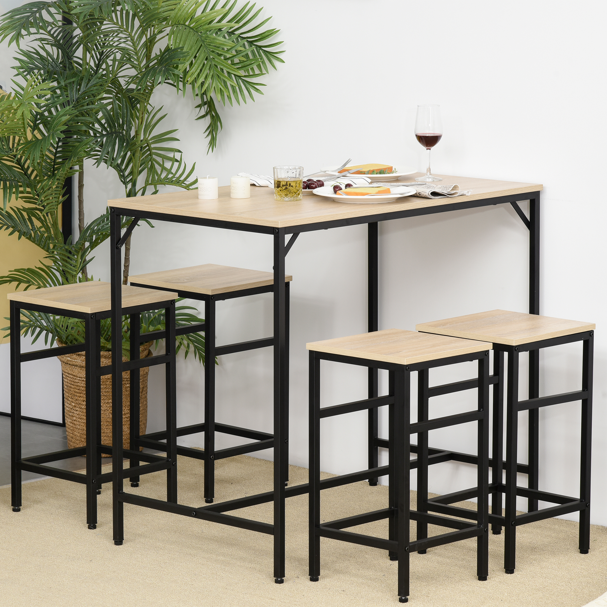 HOMCOM Hoch Tisch Set, Moderner Küchentisch mit 4 Barhockern im Industrial günstig online kaufen