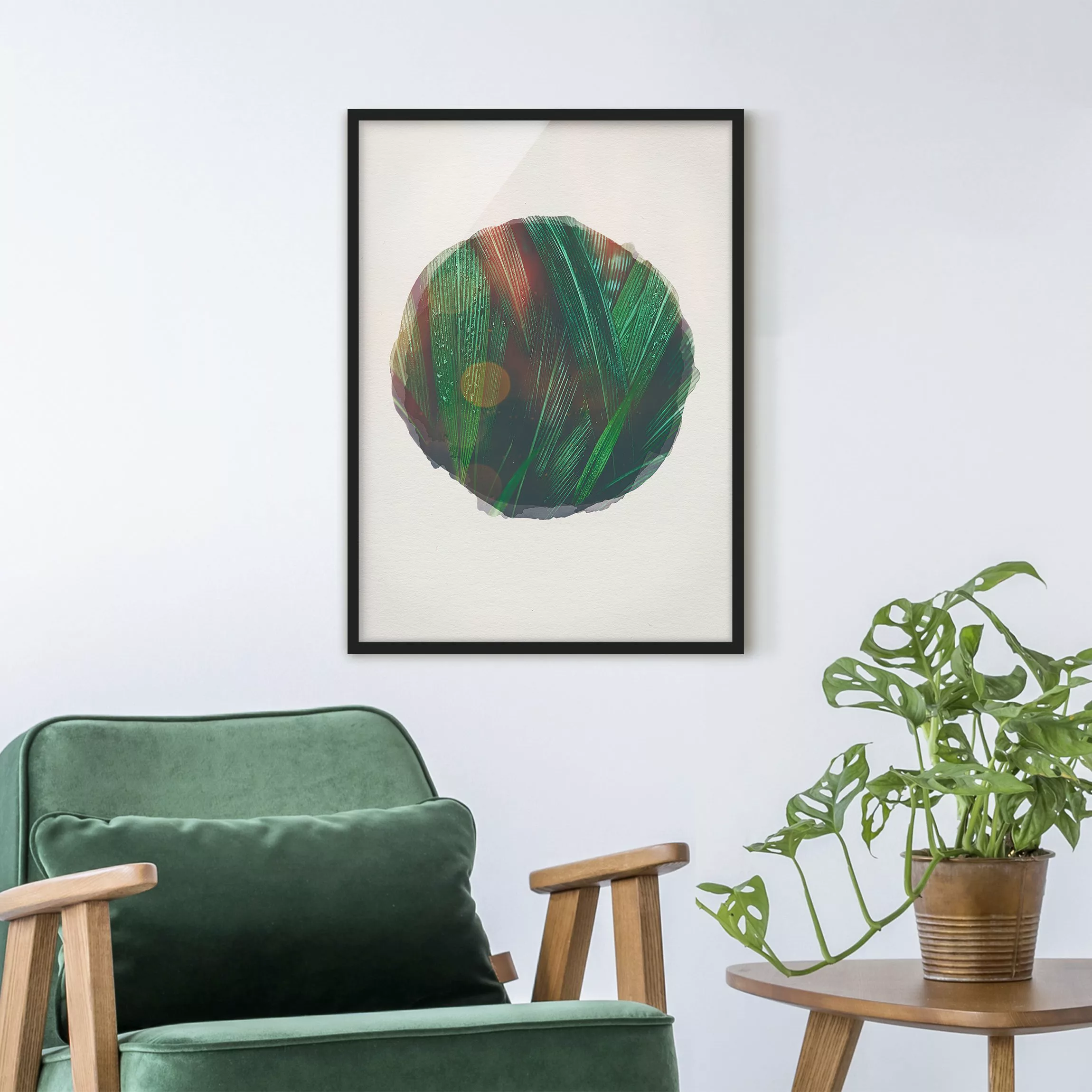 Bild mit Rahmen Blumen - Hochformat Wasserfarben - Grüne Palmenblätter günstig online kaufen