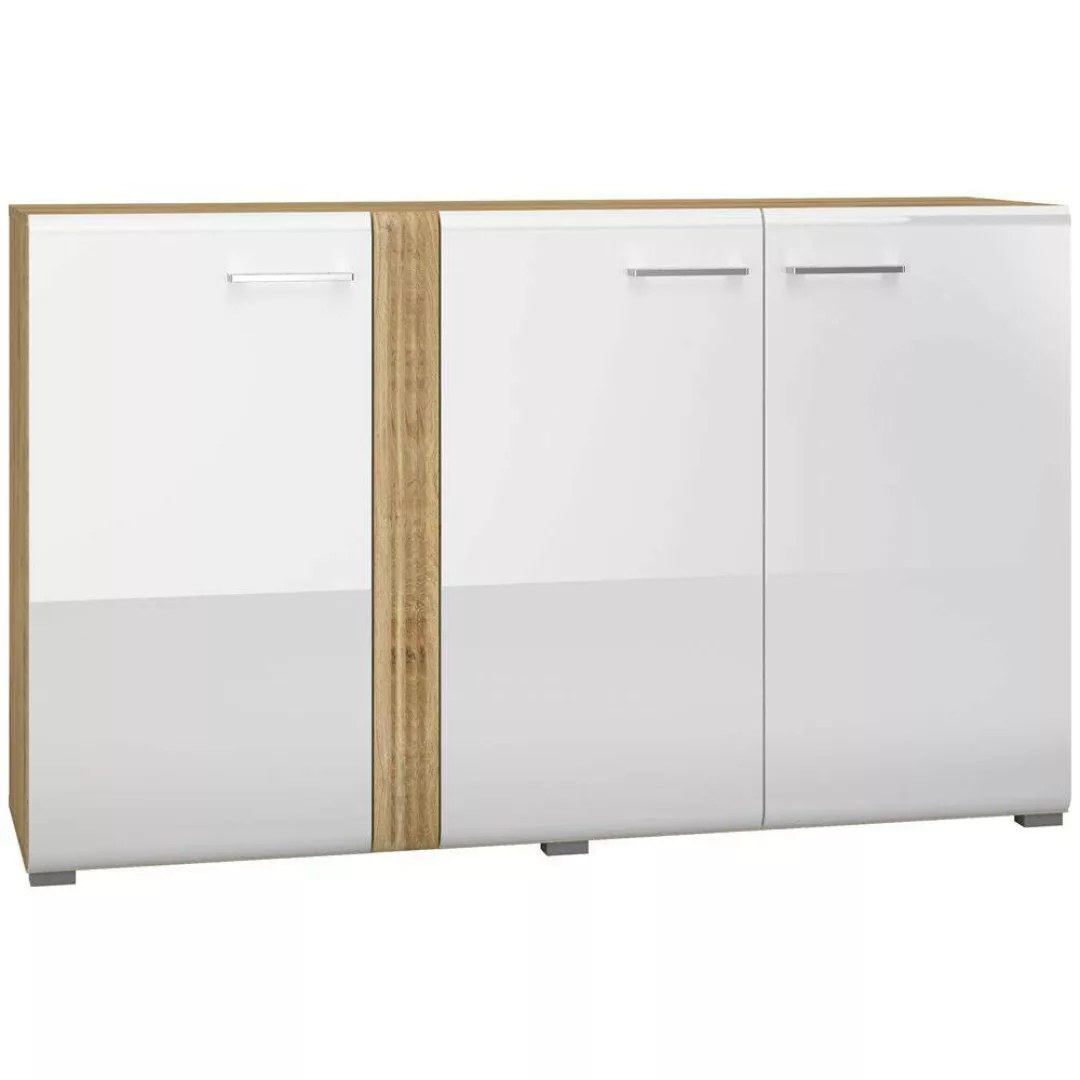 Sideboard Kommode 3-türig Eiche Castello Nb. mit weiß Hochglanz AKRON-131 M günstig online kaufen