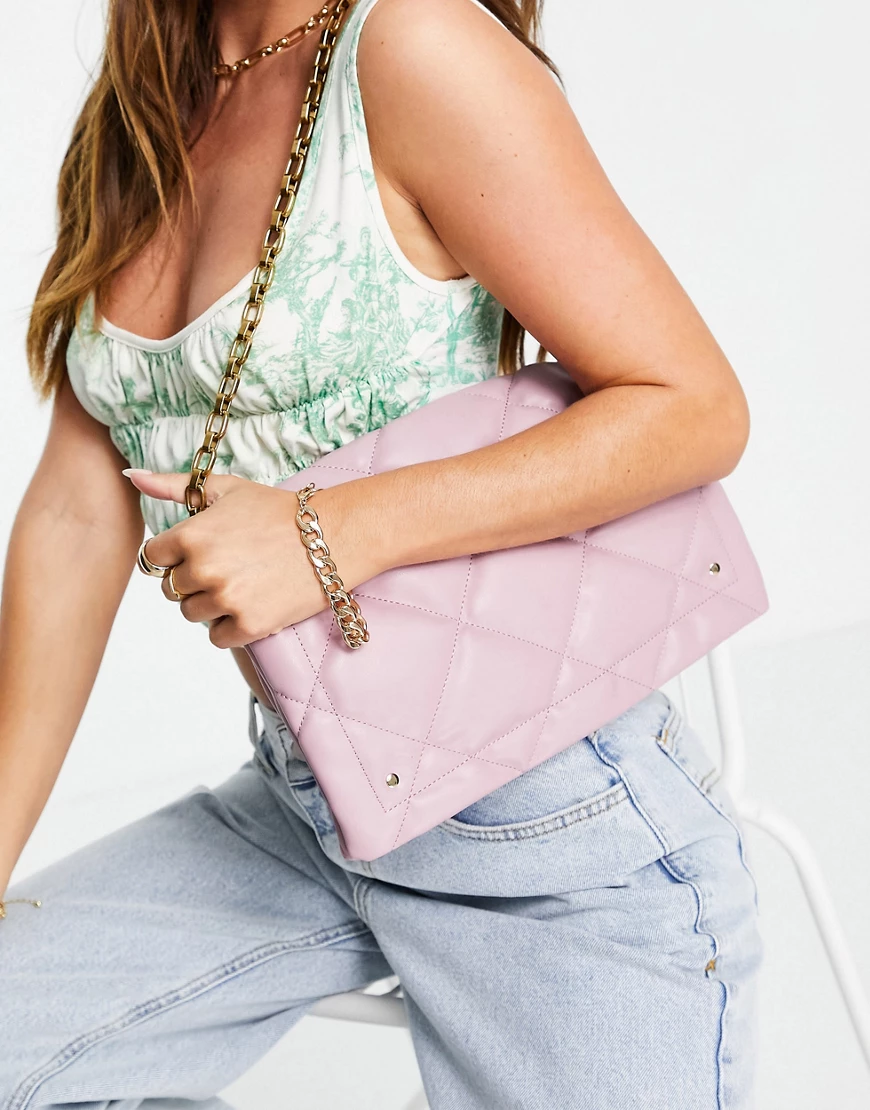 Miss Selfridge – Schultertasche aus gestepptem PU in der Farbe Malve-Violet günstig online kaufen