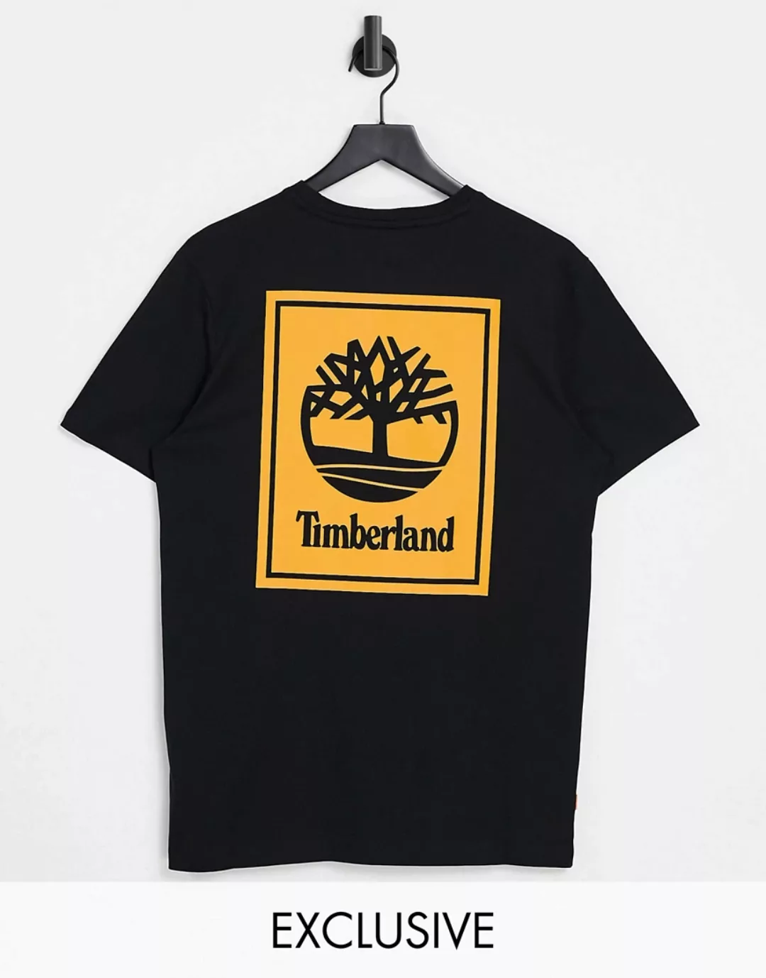 Timberland – Stack – T-Shirt in Schwarz/Orange mit Print hinten, exklusiv b günstig online kaufen