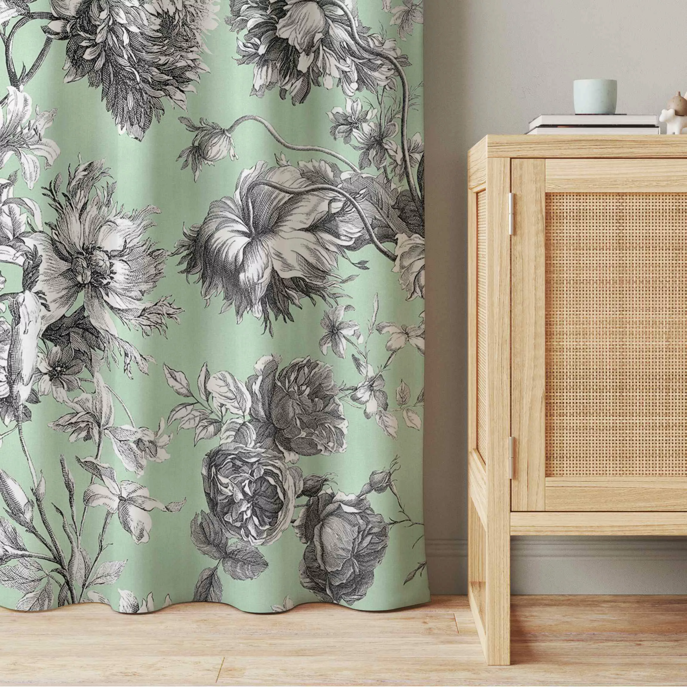 Vorhang Floraler Kupferstich Graumint günstig online kaufen