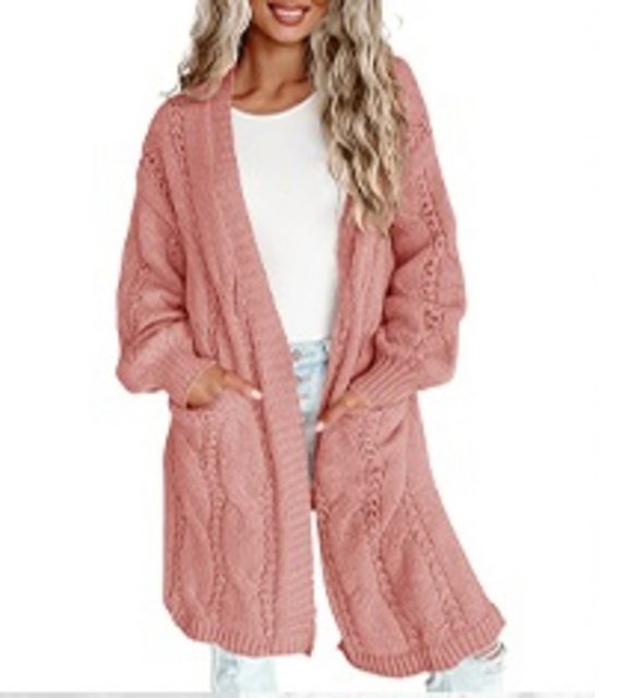 Cardigan Strickjacke Cardigan Lange Jacke V-Ausschnitt S Zopfmuster Rosa-XL günstig online kaufen