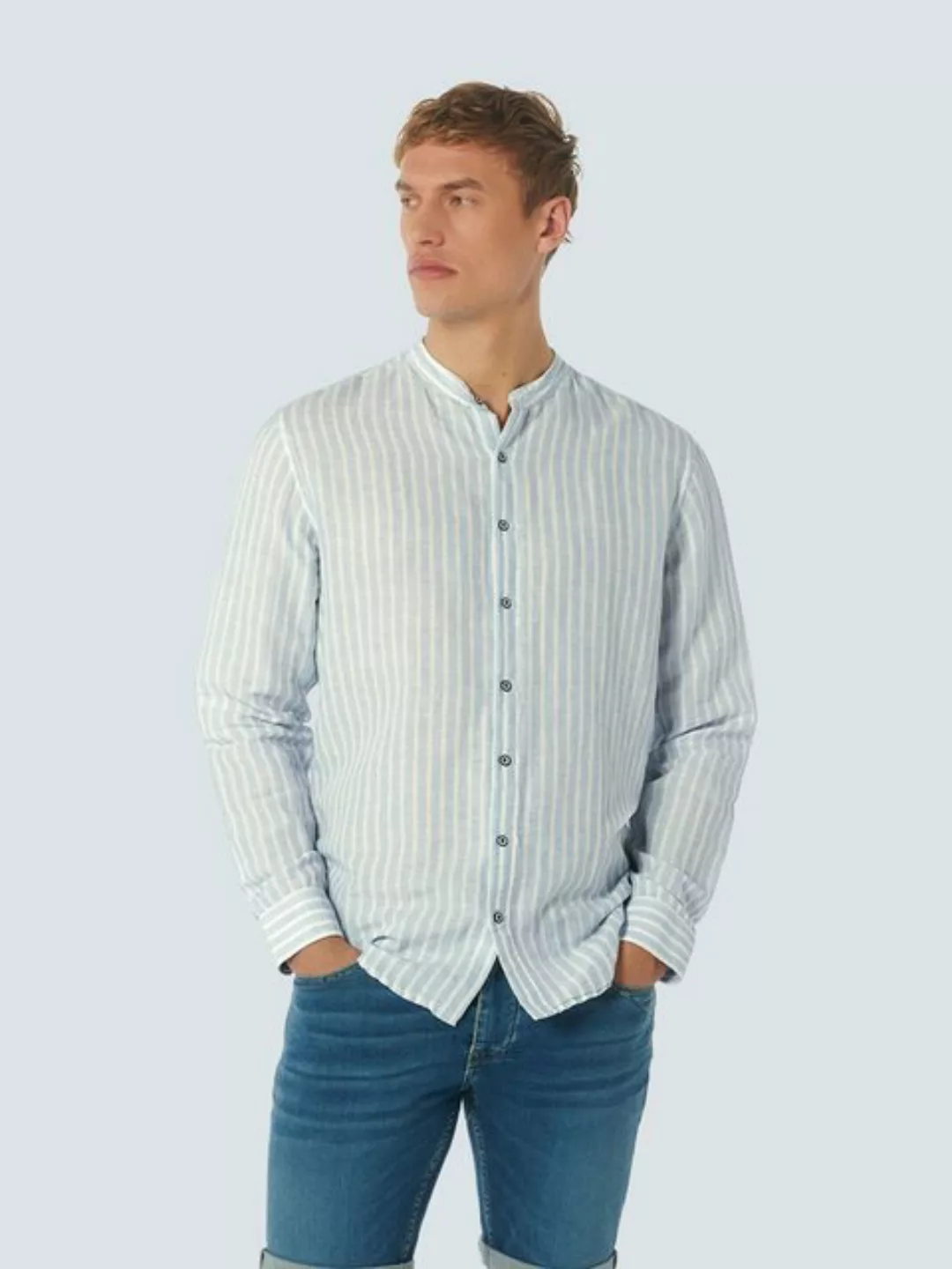 NO EXCESS T-Shirt Shirt Granddad Stripe With Linen günstig online kaufen