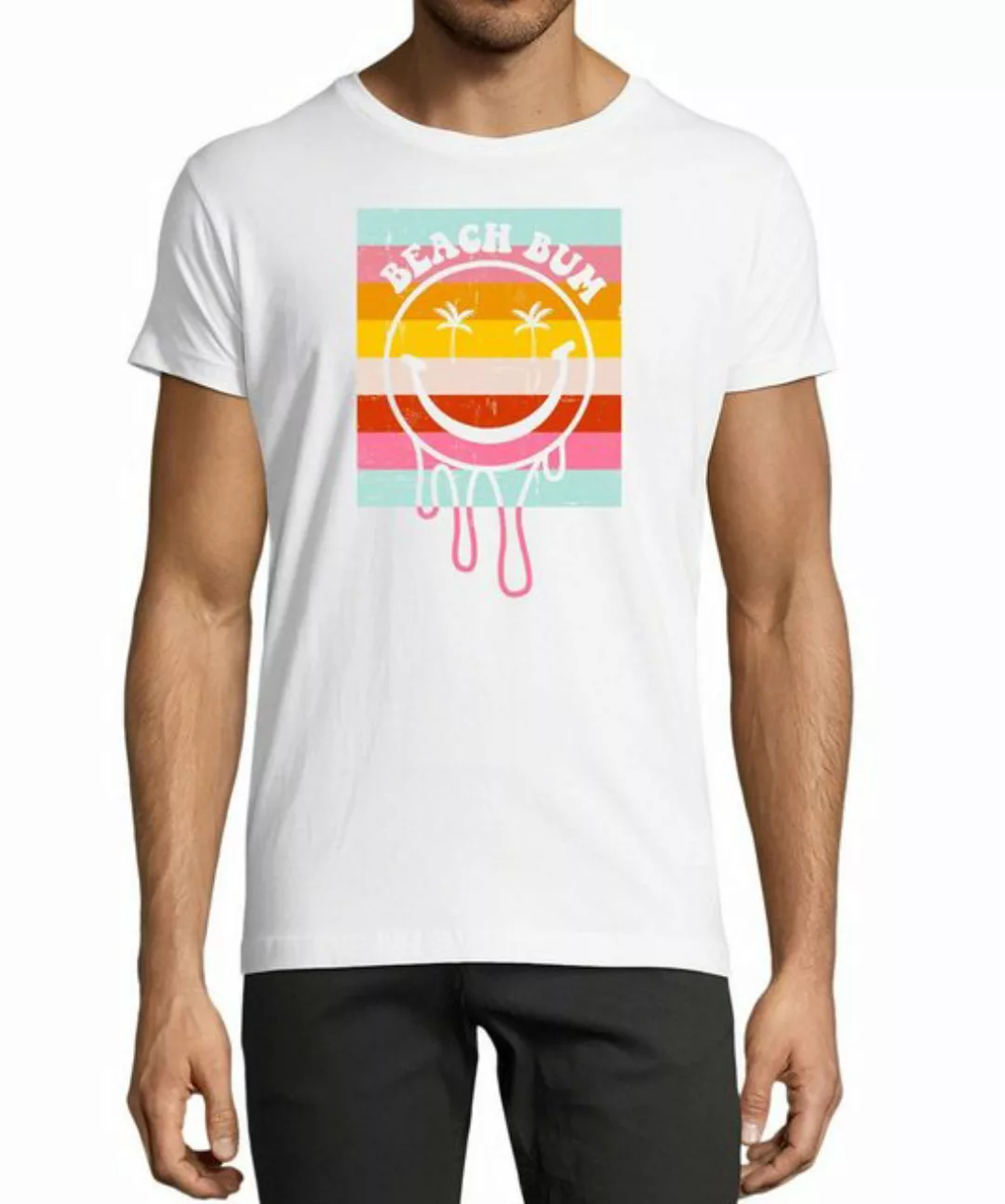 MyDesign24 T-Shirt Herren Smiley Print Shirt - Bunter Beach Bum Smiley Baum günstig online kaufen