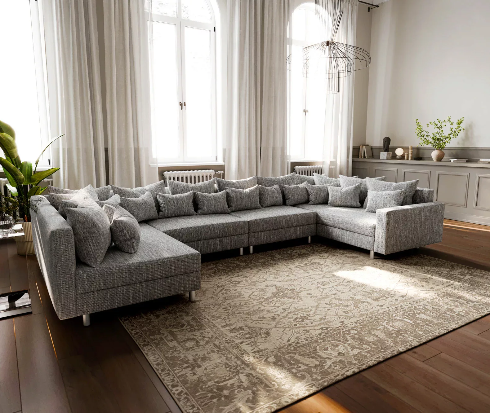 Wohnlandschaft Clovis XL Hellgrau Strukturstoff Modulsofa Armlehne günstig online kaufen