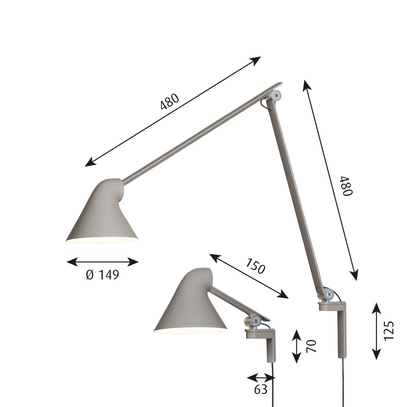 Louis Poulsen NJP LED-Wandlampe Arm kurz, hellgrau günstig online kaufen